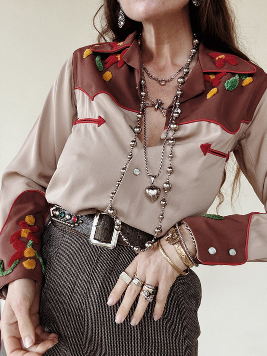 1940s/50s Gabardine Western Top w/ Chenille Floral Appliqué- S-S/M