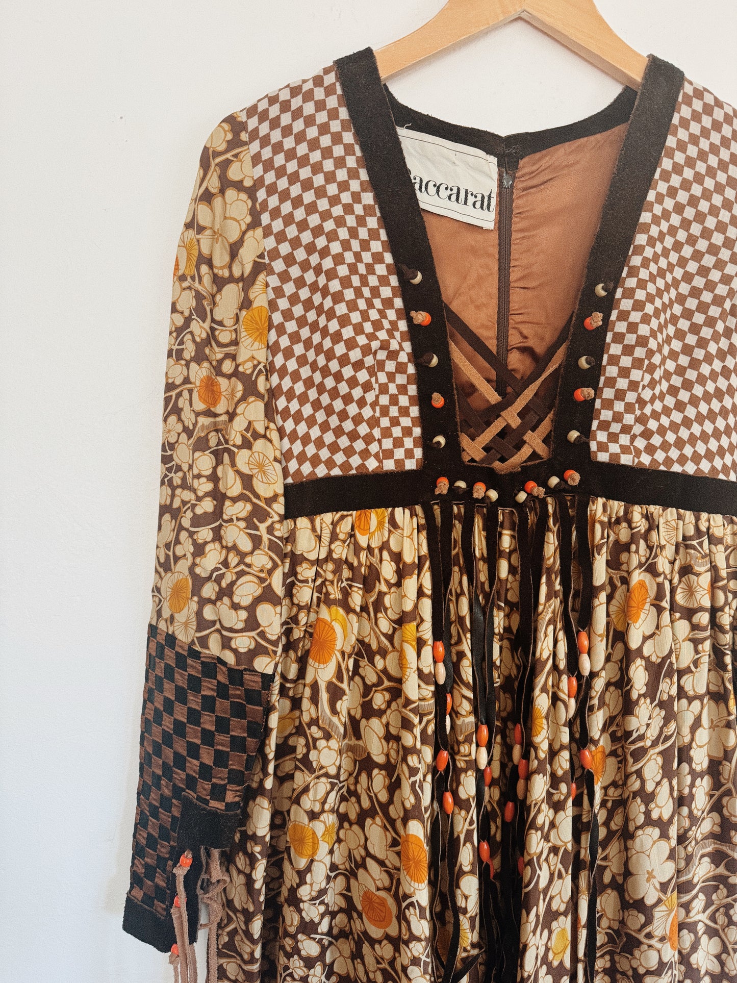 1970s Bill Gibb Archival Floral Silk + Suede Fringe Magpie Dress- S