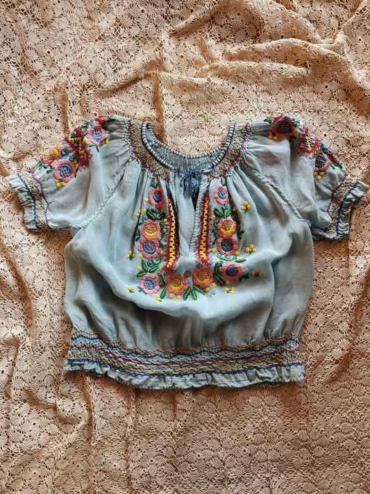 1930s/40s Baby Blue Cropped Hungarian Peasant Blouse- S/M-M