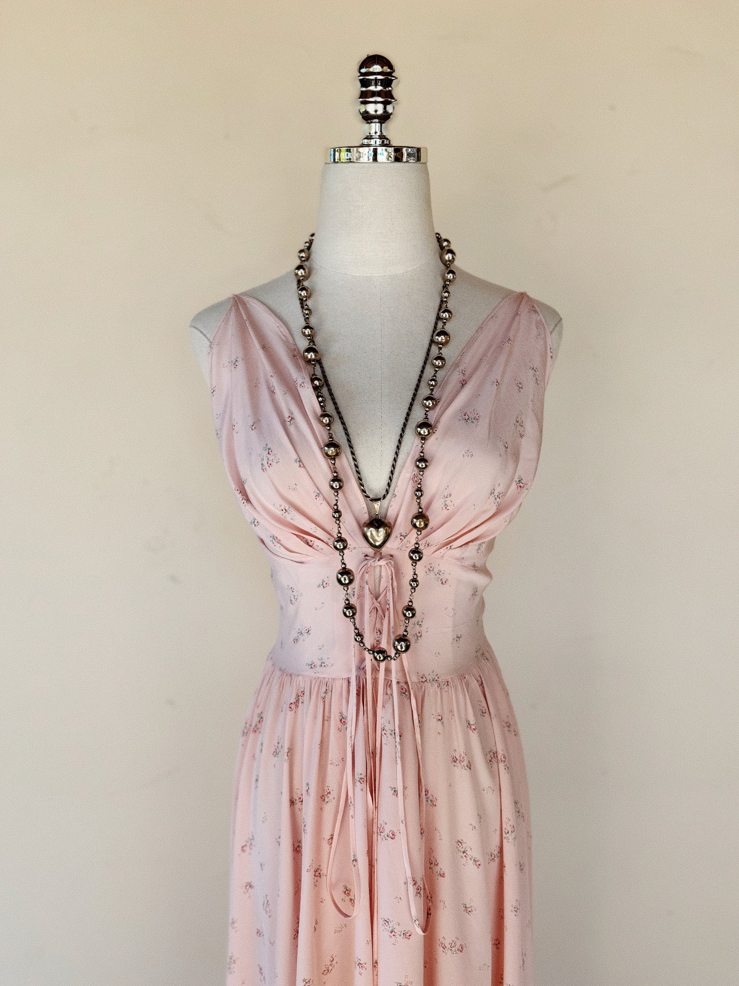 1930s Exquisite Corset Silk Crepe Slip Dress w/ Rose Print- XS-S