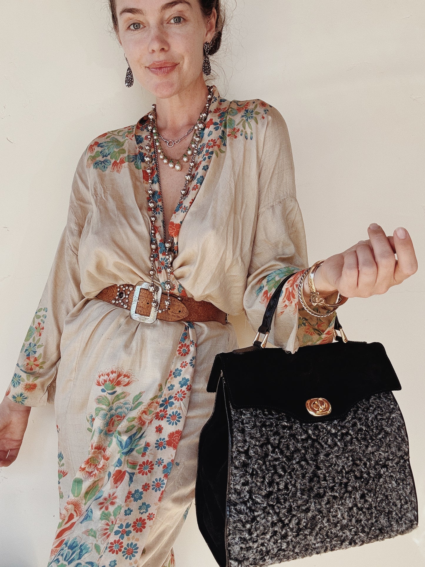 1970s Black Suede + Curly Lamb Jumbo Top Handle Bag