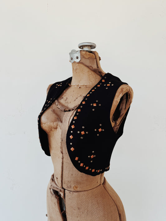 1930s Black Rayon Crepe Vest w/ Orange Studs + Rhinestones- XS/S