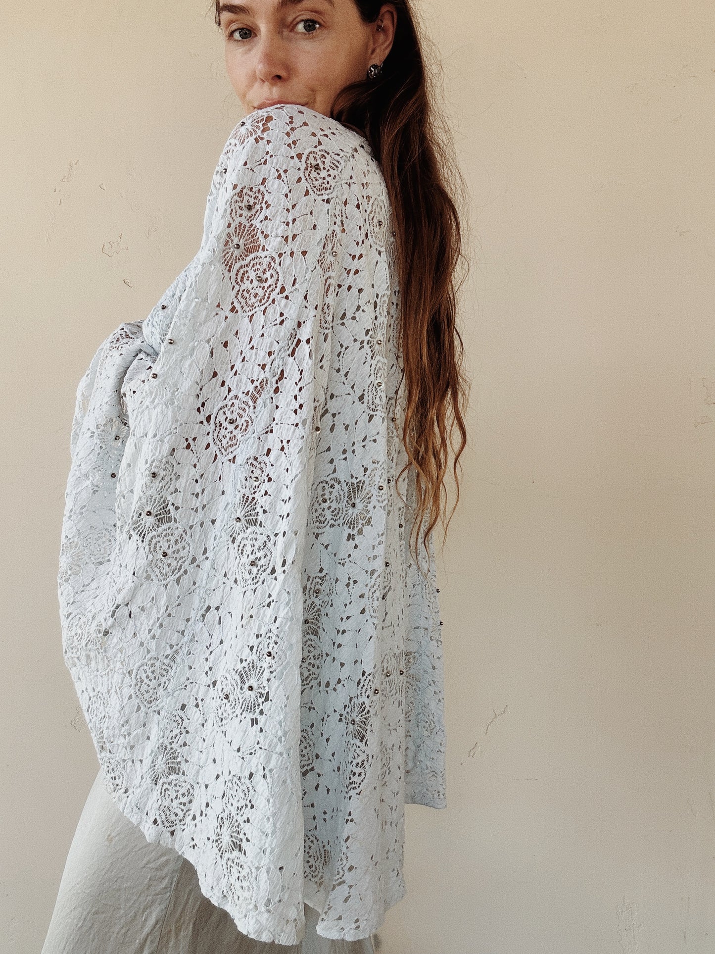 1930s Powder Blue Spider Web Lace Cape w/ Moiré Bow + Silver Ball Beads