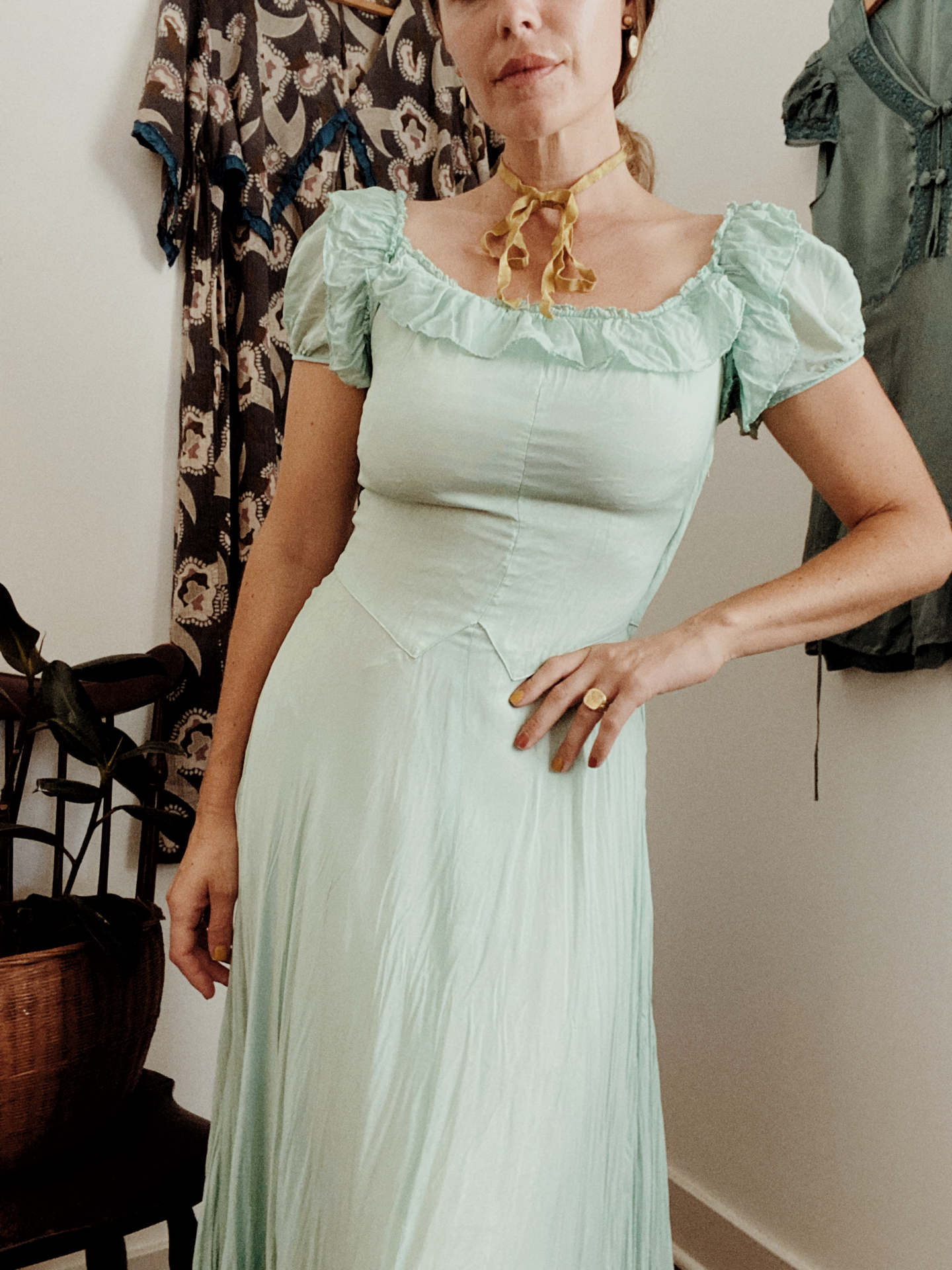 1940s Minty Chiffon Ruffled Gown- 5/6