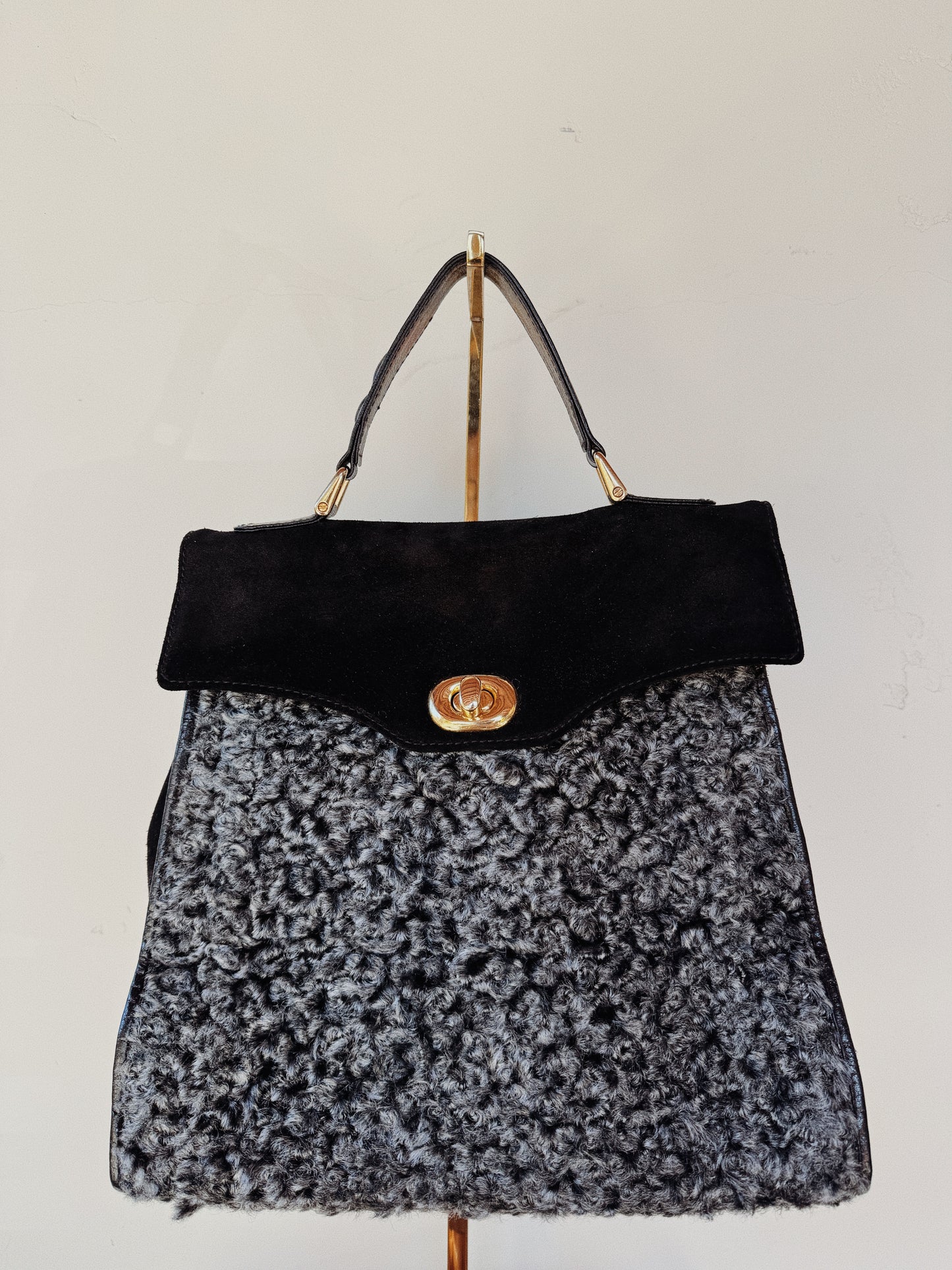 1970s Black Suede + Curly Lamb Jumbo Top Handle Bag