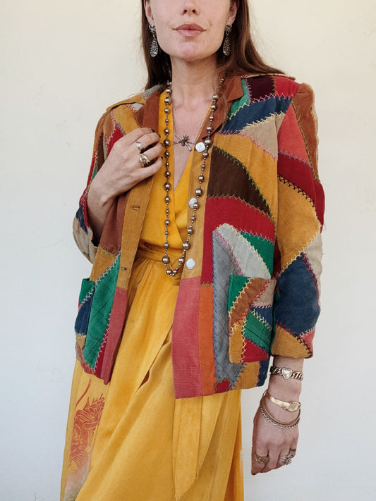 1940s Corduroy Crazy Quilt Jacket w/ Puffed Shoulders- S-M