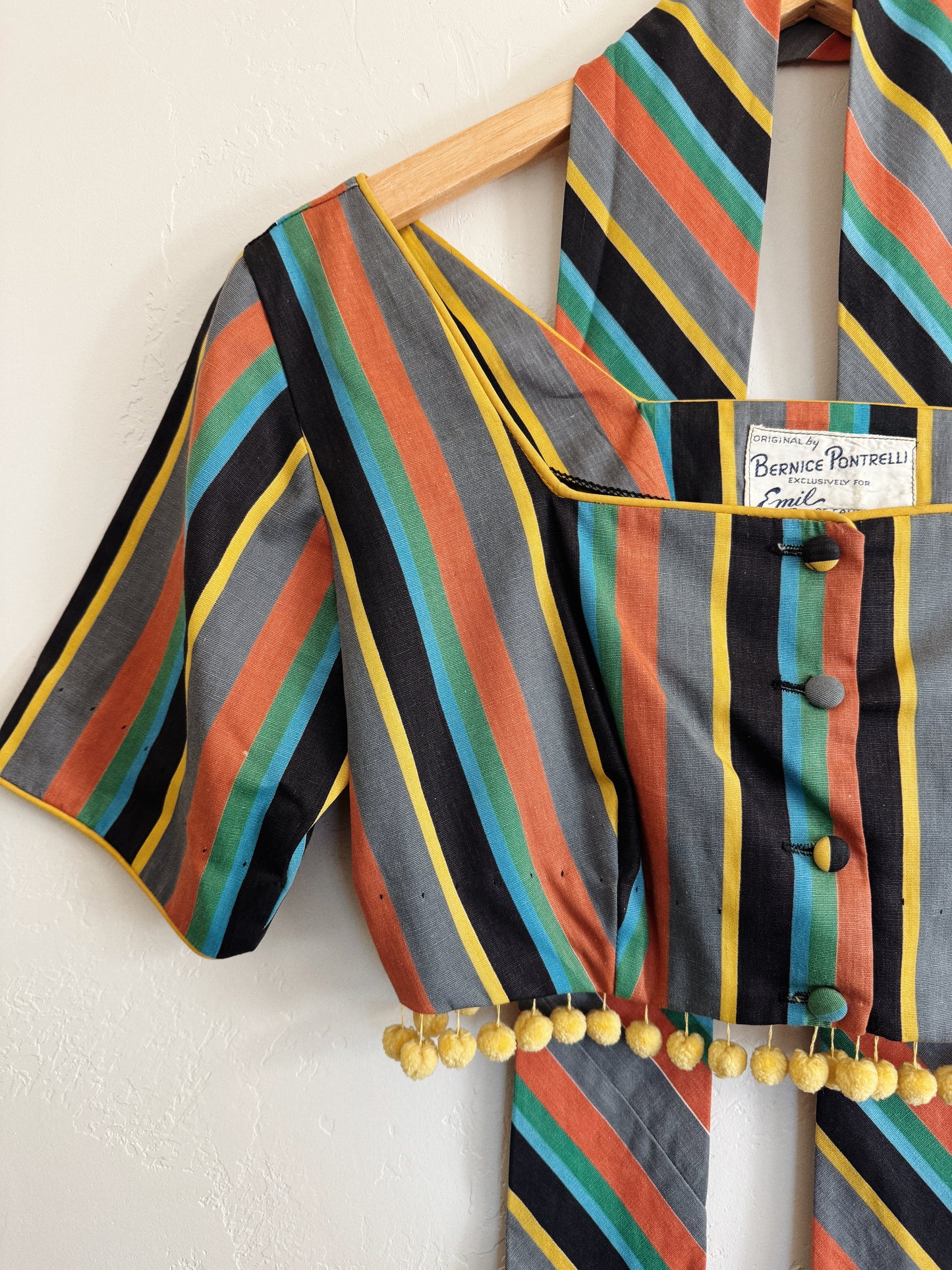 1940s/50s Striped Cropped Top w/ Pom Poms- S