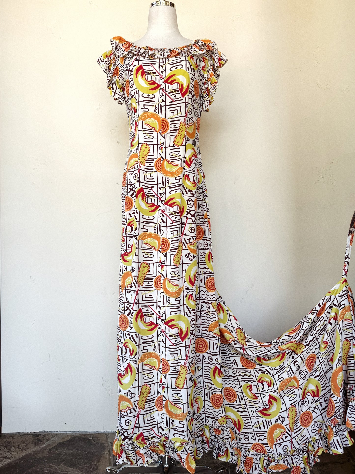 1940s Quirky Chartreuse Hawaiian Holoku Gown w/ Train- S/M