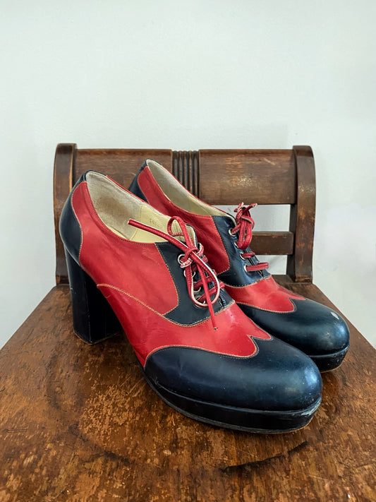 1960s Red + Navy Platform Lace Up Mary Janes- 6
