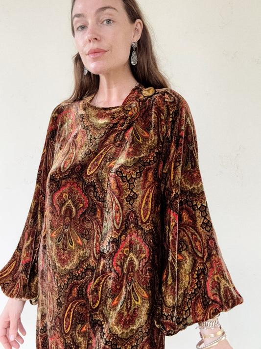 1930s Paisley Silk Velvet Jacket w/ Large Celluloid Button- S/M