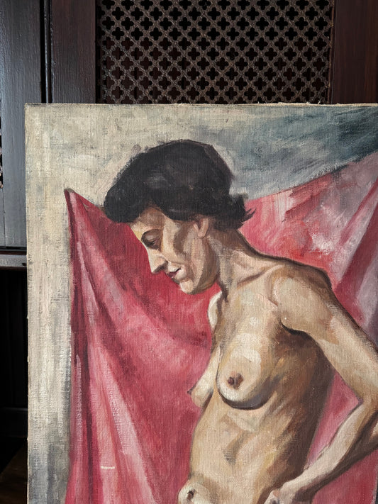 1940s Nude Painting of a Woman w/ Striped Towel Signed Waterman- 18x22”