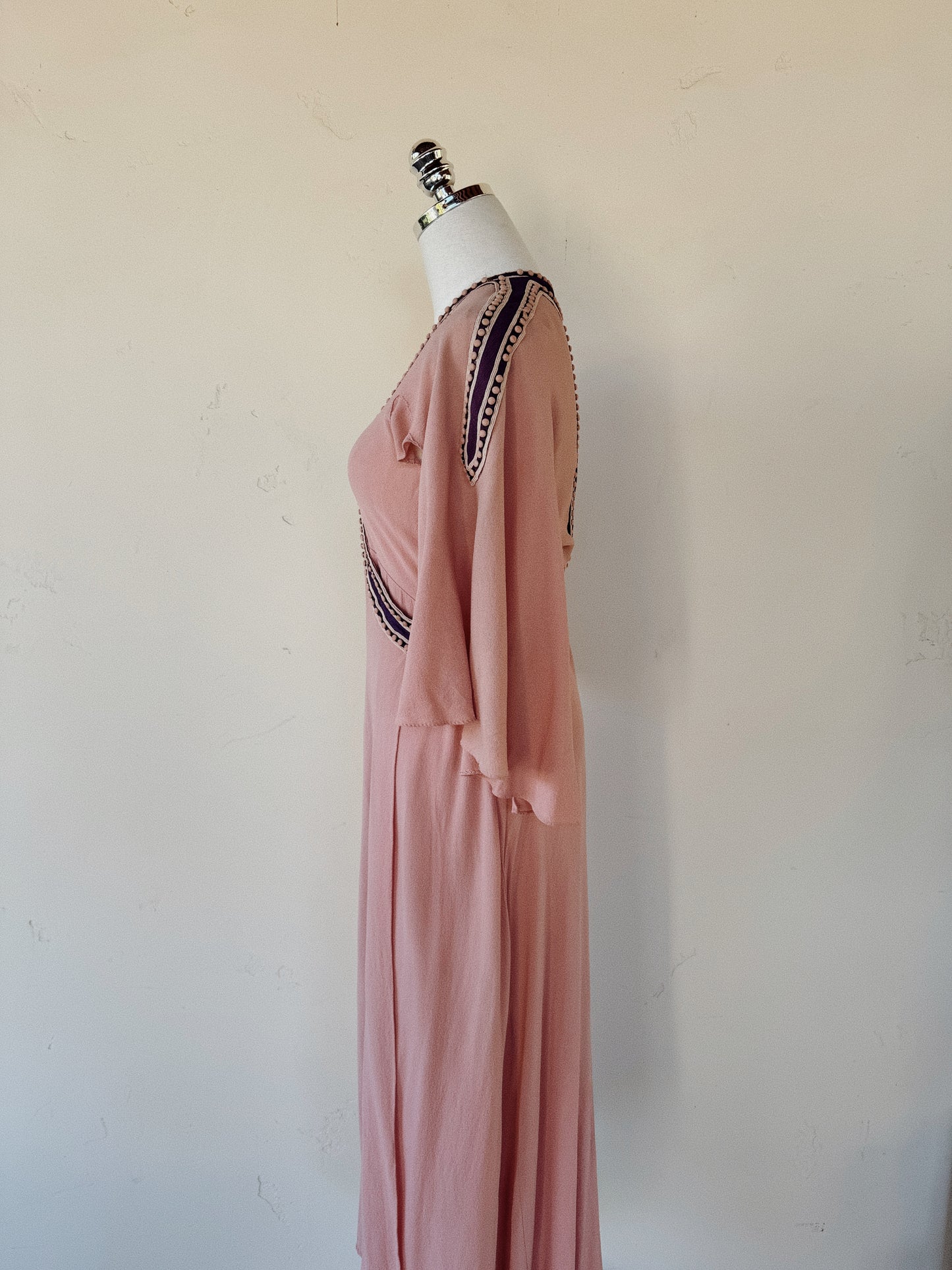 1930s Raspberry + Grape Sherbet Crepe Wrap Dress w/ Studs + Angel Sleeves- S/M