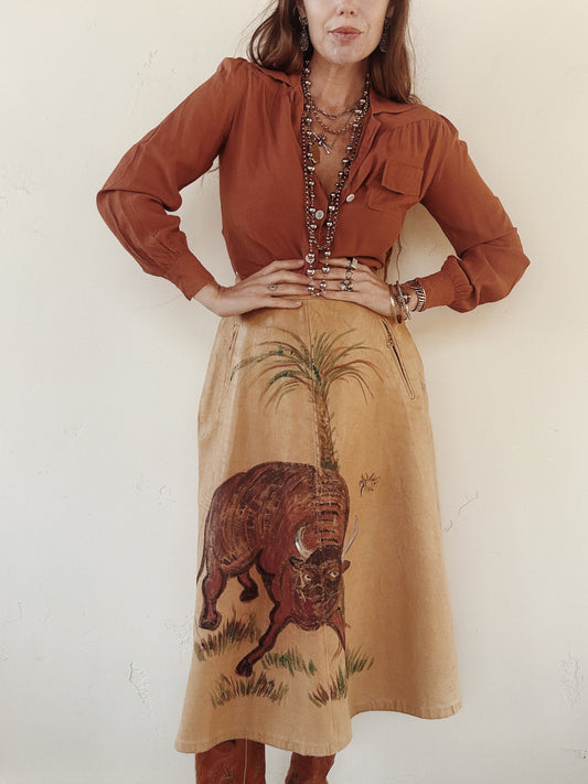 1930s/40s Hand Painted Buckskin Leather Western Skirt w/ Chain Zips + Side Cinches- M-M/L