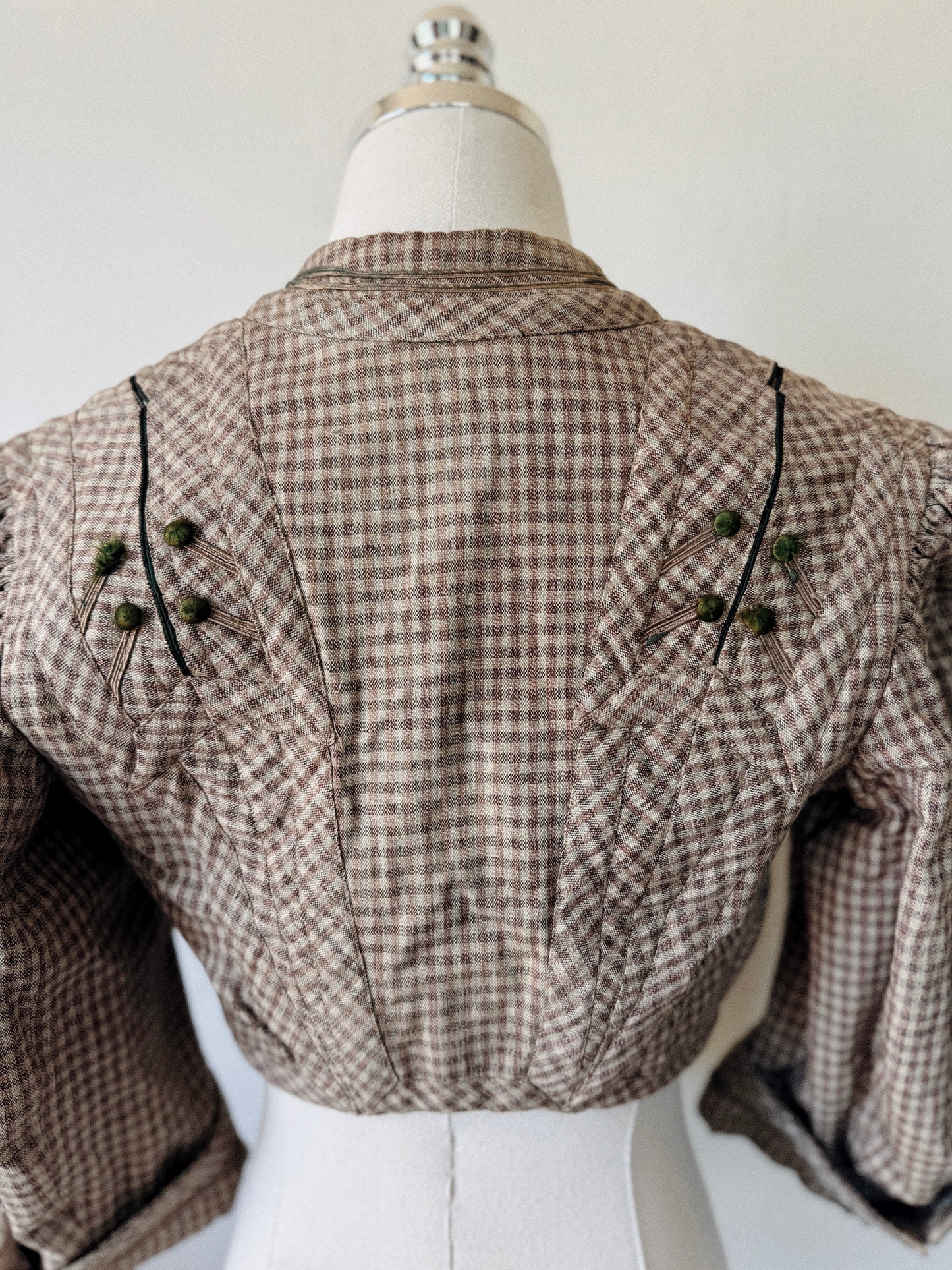 Victorian Gingham Balloon Sleeve Bodice w/ Emerald Silk Buttons- S-S/M