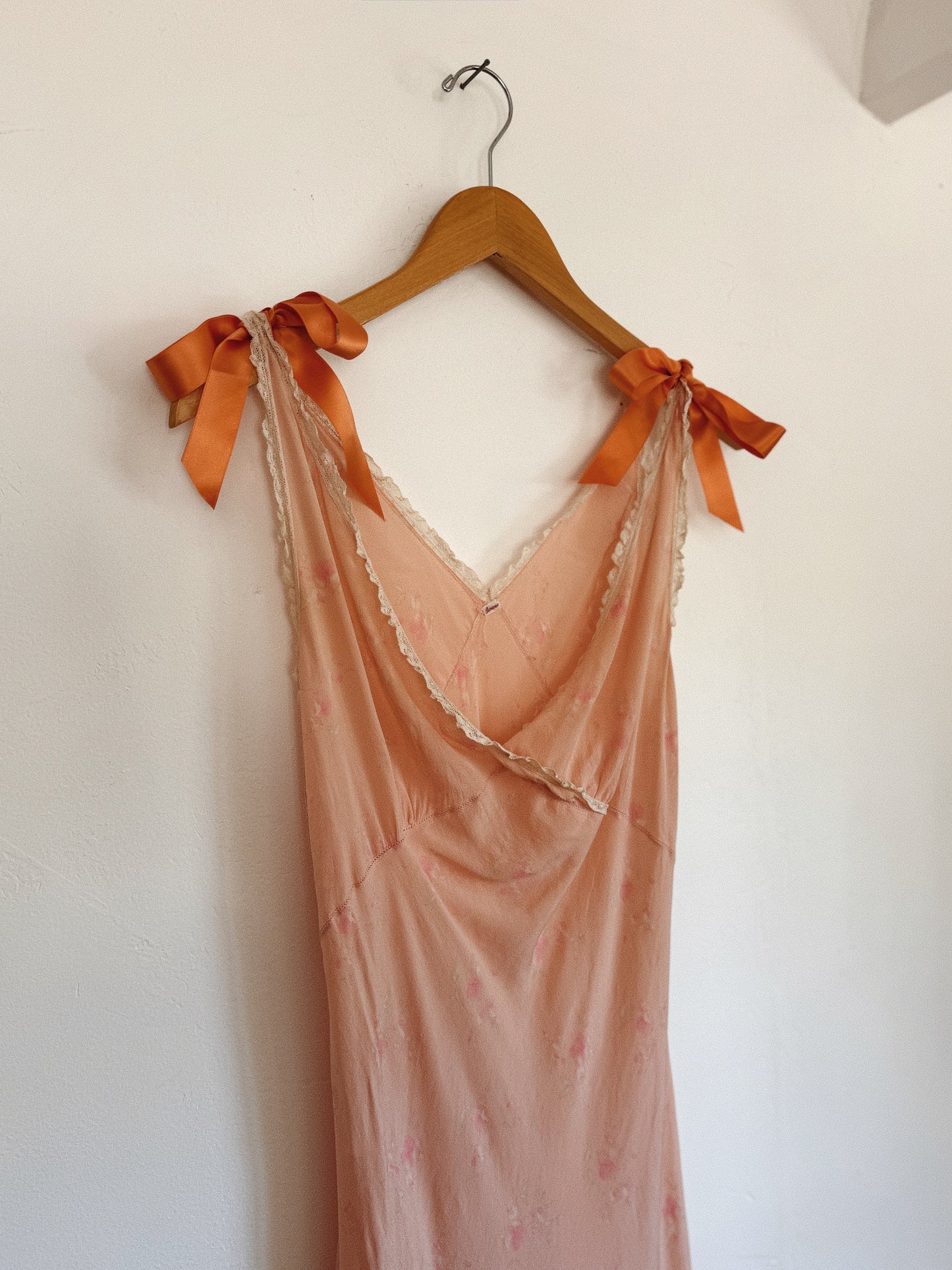 1930s Pink Floral Silk Slip Dress w/ Salmon Bow Straps- S/M-M