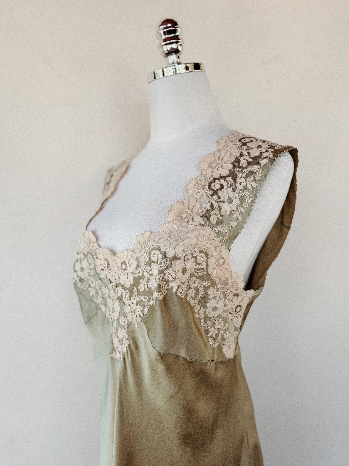 1930s Sage Charmeuse Silk Slip Dress w/ Ecru Lace Trim- S/M