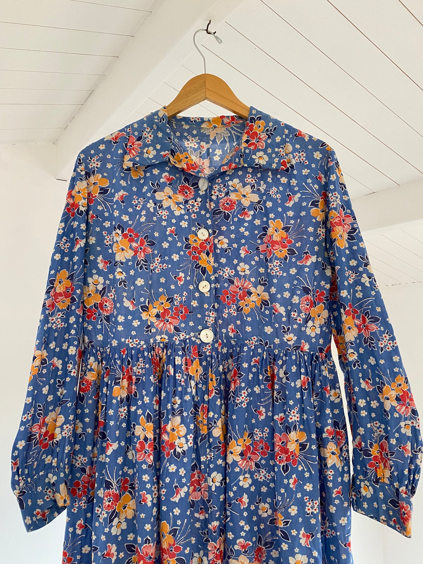 1930s/40s Blue Cotton Floral Maxi Feedsack Dress- L