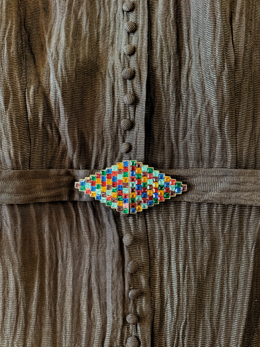 1930s Brown Lamé Dress w/ Rainbow Deco Paste Buckle- XS/S