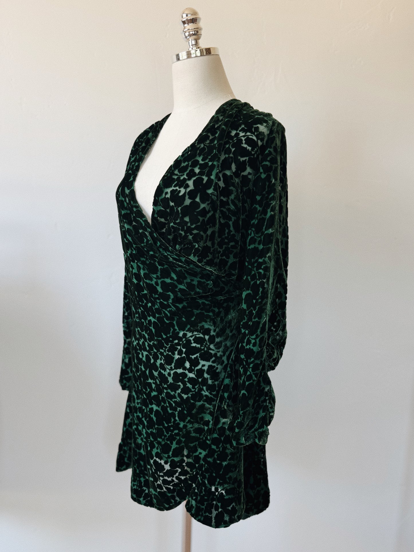 1920s/30s Emerald Devoré Silk Velvet Wrap Top Mini Dress- S/M-M