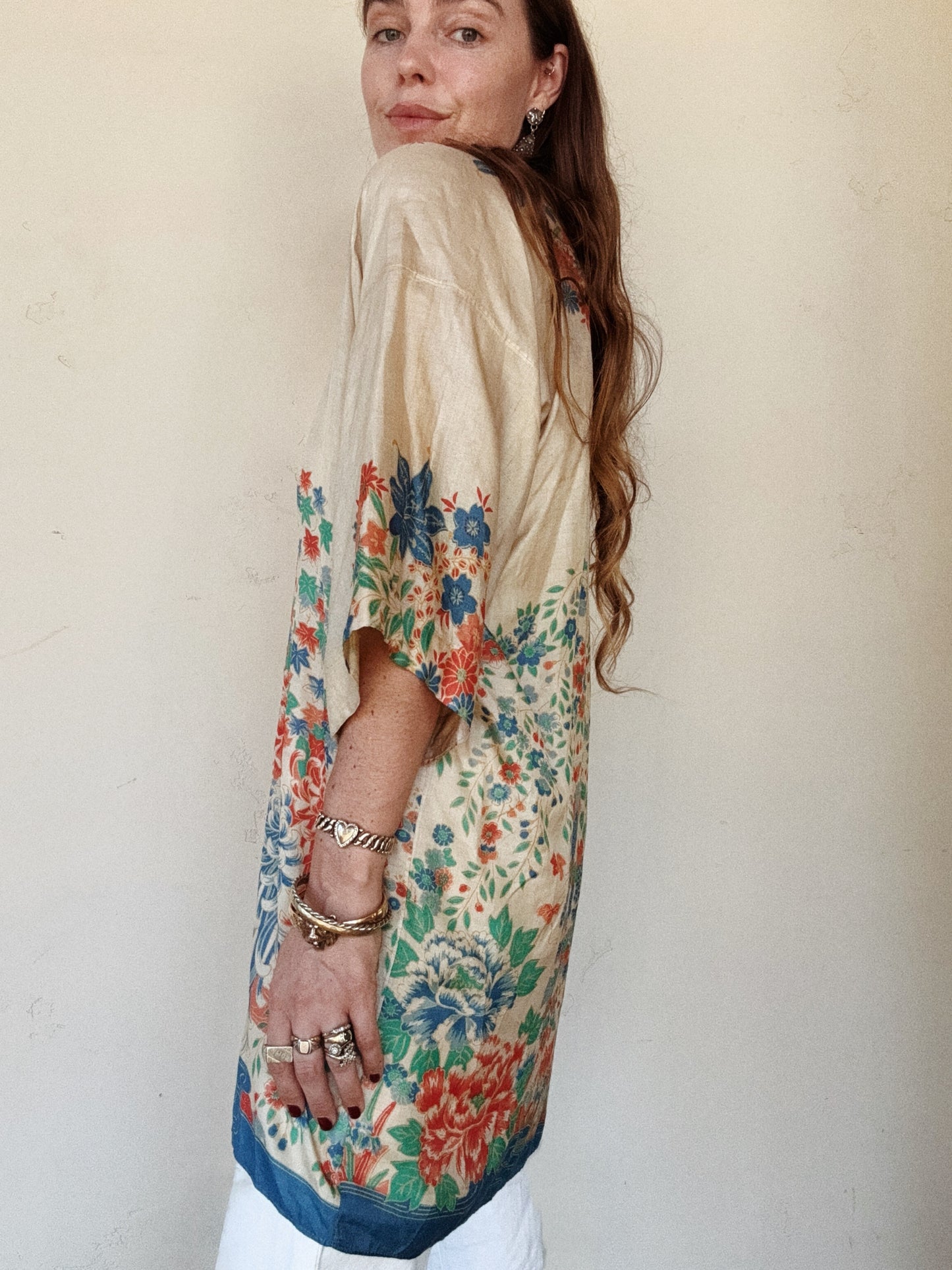 1920s Vivid Pongee Silk Duster Jacket w/ Frog Closure