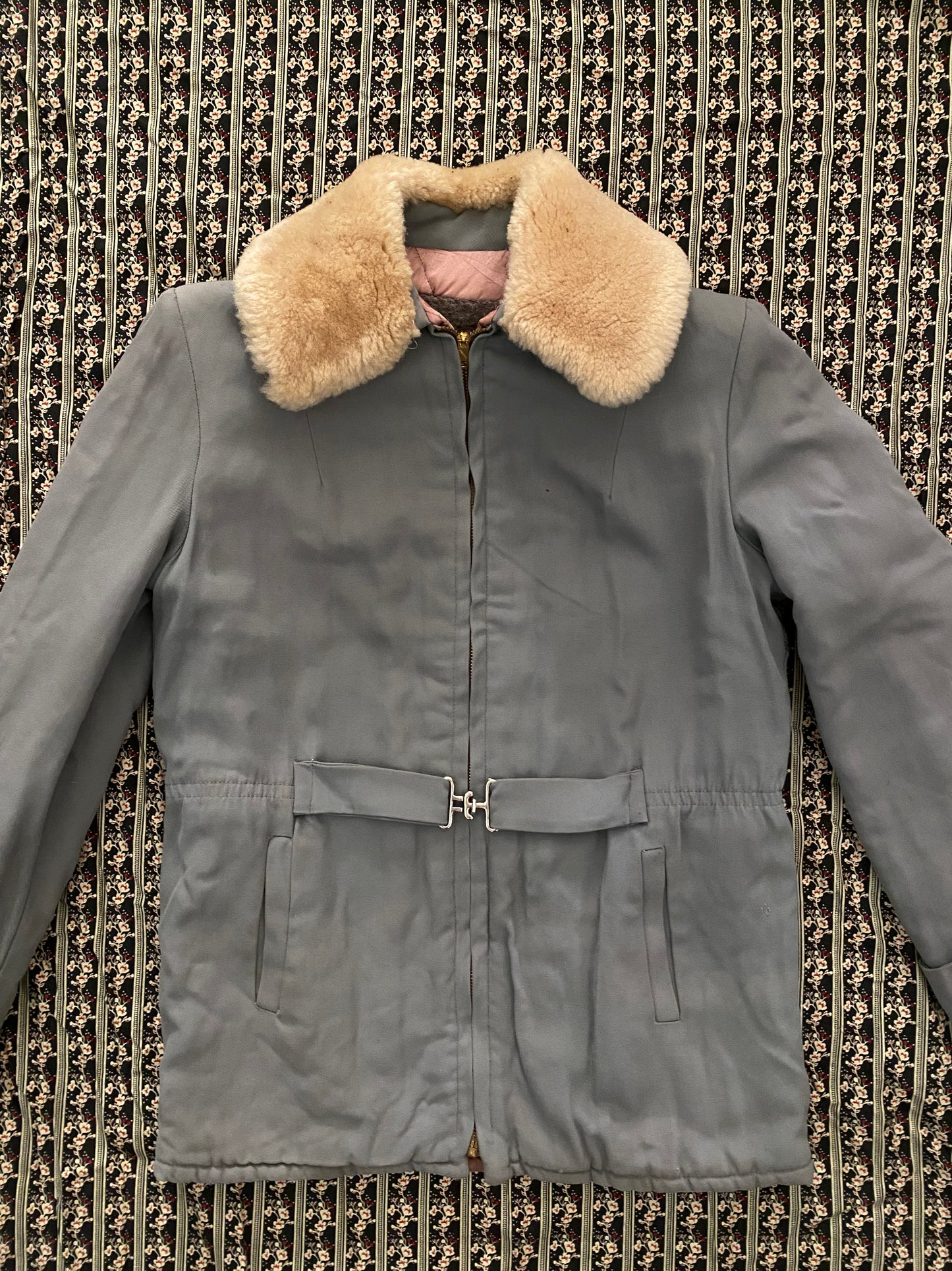 1940s Grey Gabardine Car Jacket w/ Fur Collar- M/L