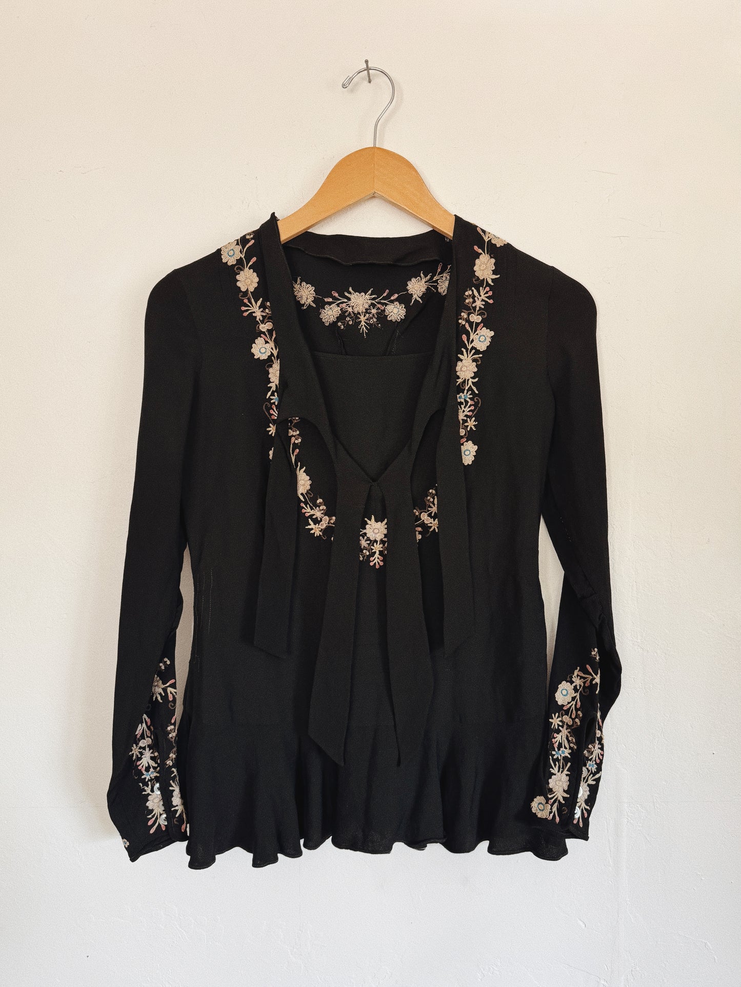 1930s Exquisite Black Embroidered Blouse- XS