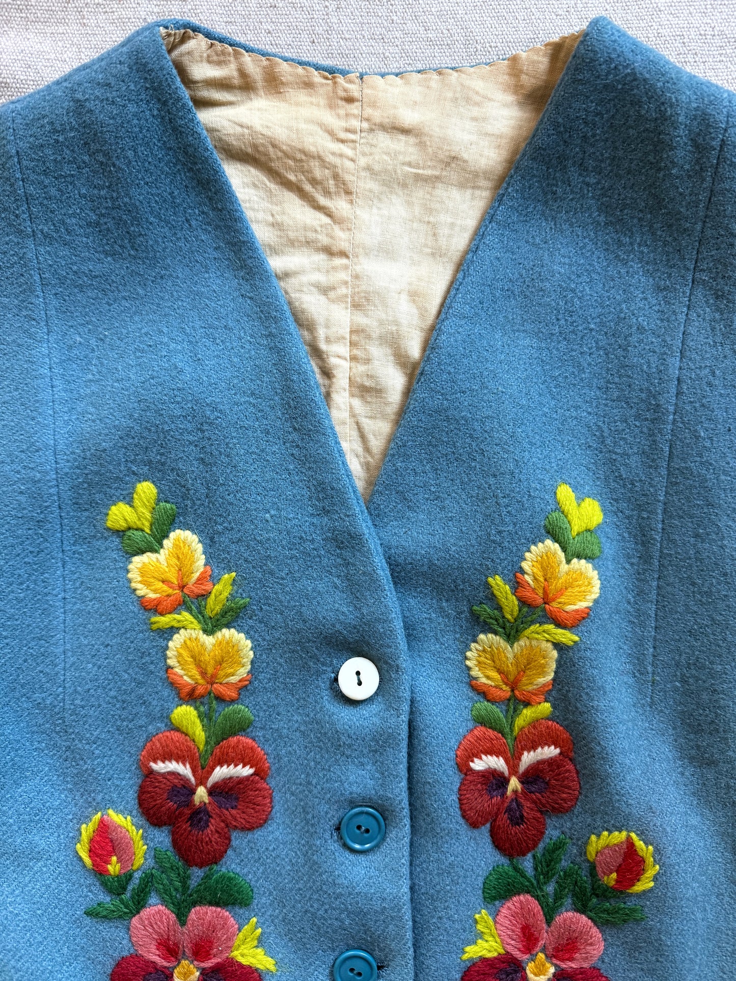 1930s/40s Cornflower Blue Embroidered Floral Waistcoat Vest- S/M