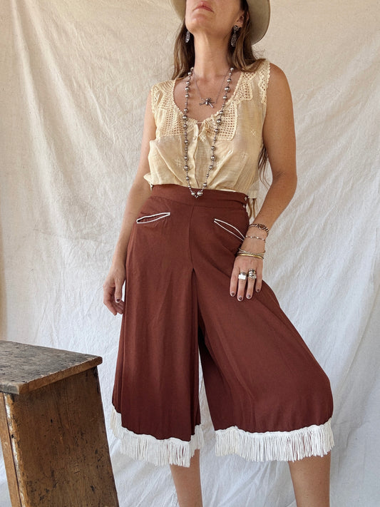 1950s Brown Gabardine Western Fringe Split Skirt Pants- 28” Waist