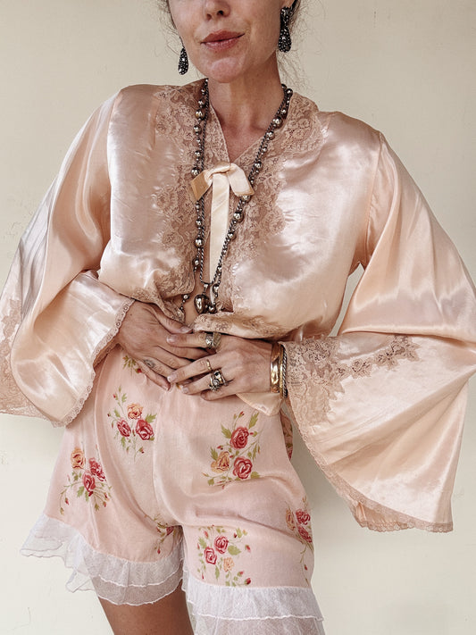 1930s Pink Satin + Lace Angel Sleeve Bed Jacket- S/M