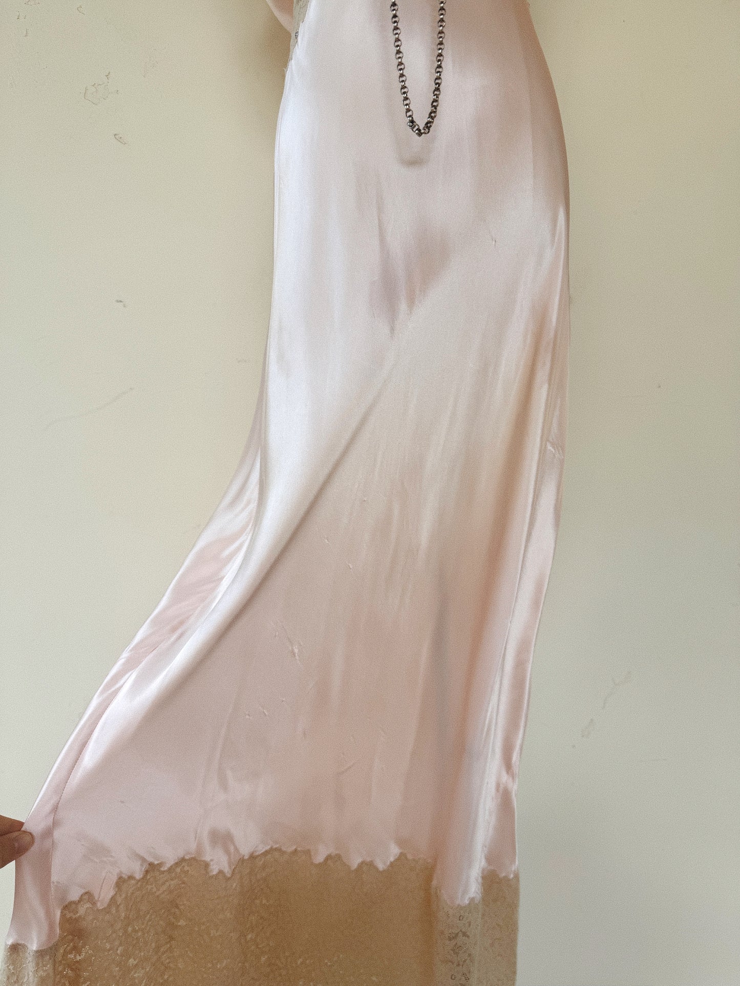 1930s/40s Pale Pink Liquid Satin + Lace Gown w/ Rhinestones- S/M