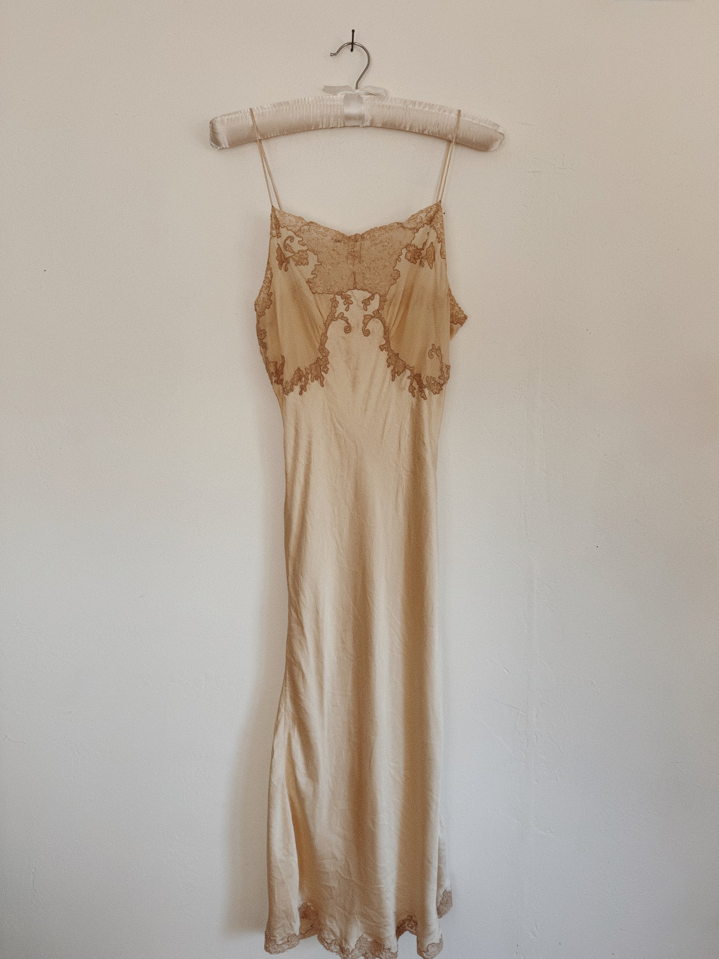 1930s Champagne Silk + French Lace Spaghetti Strap Slip Dress- S- S/M