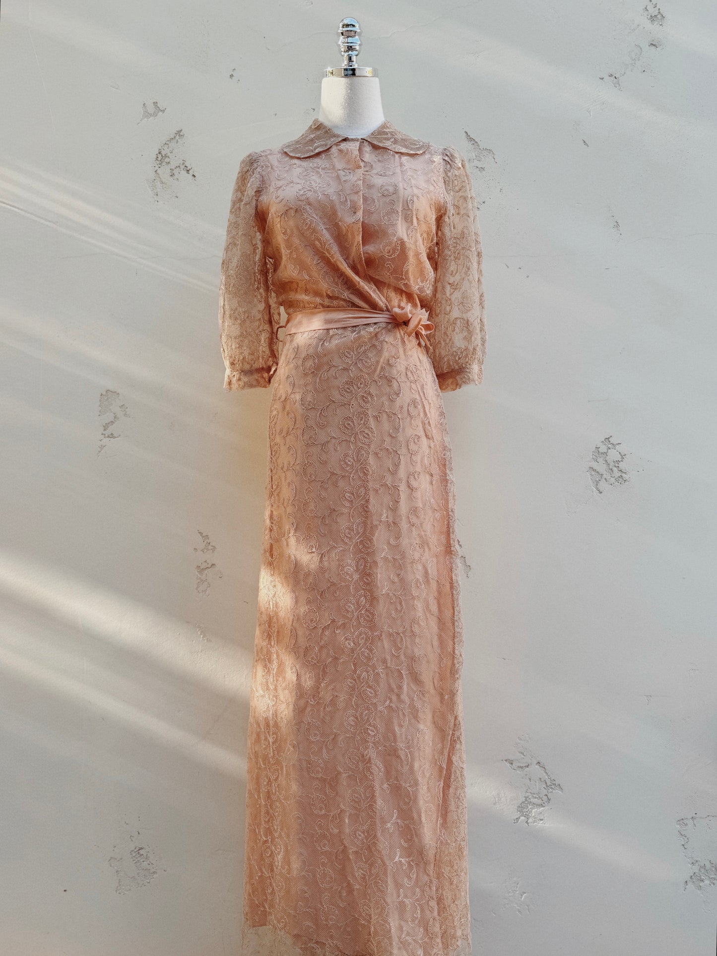 1930s Champagne + Pink Lace Dress w/ Puffed Shoulders- S/M-M