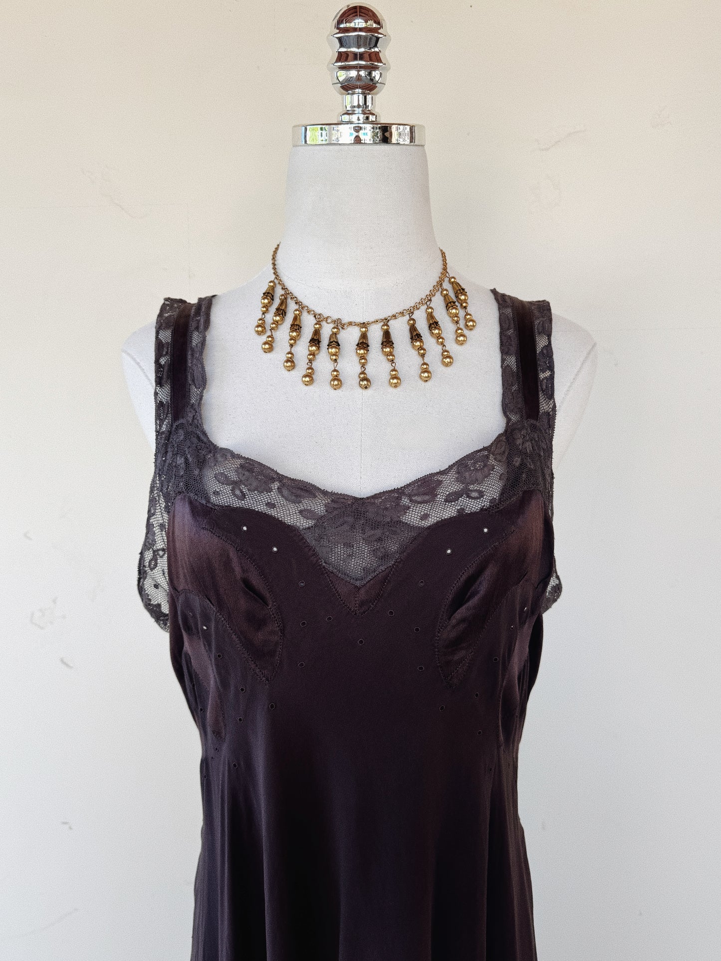 1930s Aubergine Silk Slip Dress w/ Wave Inserts + Circular Embroidery- S/M-M