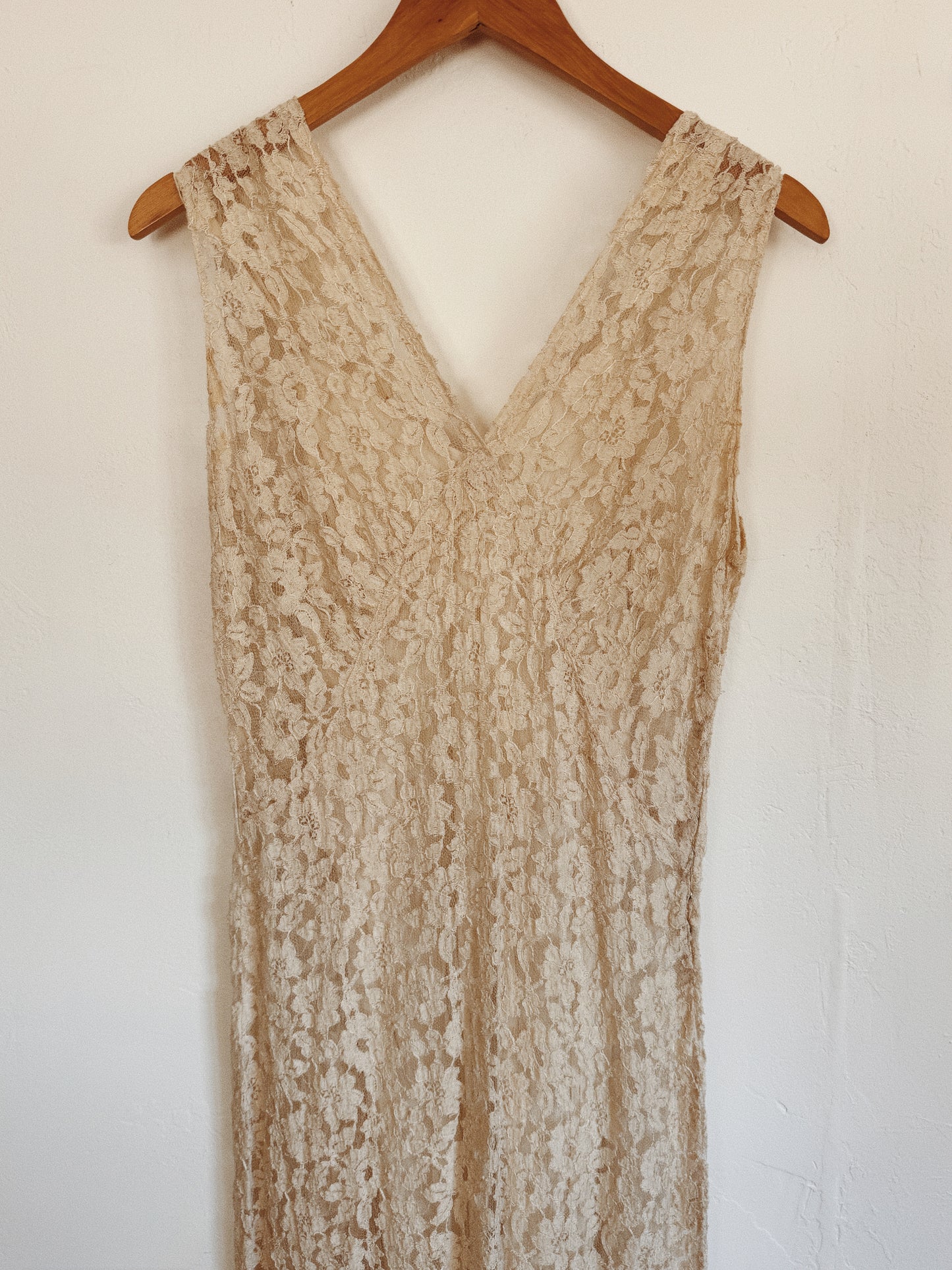 1930s Ivory Lace Gown w/ Rayon Under Slip- M