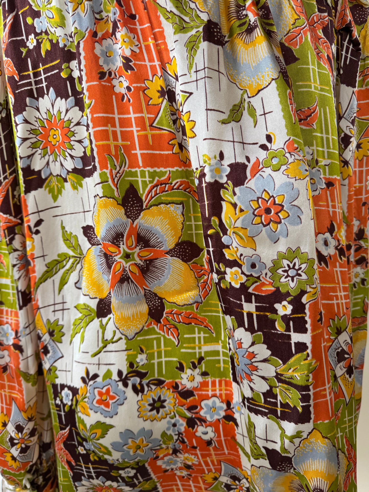 1940s Chartreuse + Orange Passionflower Satin Smock Jacket