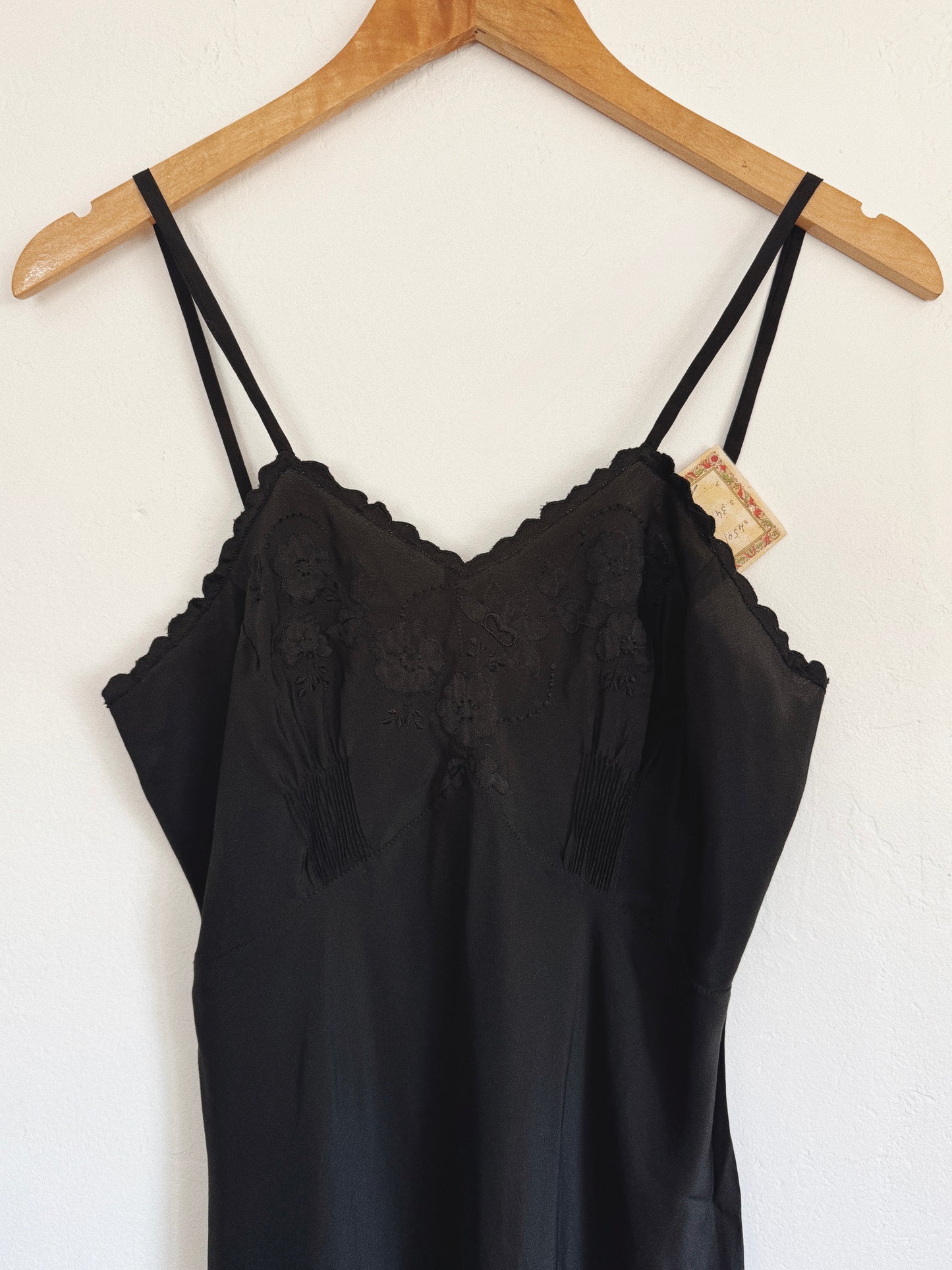 1930s/40s Italian Black Silk Slip Dress w/ Floral Embroidery- S-S/M