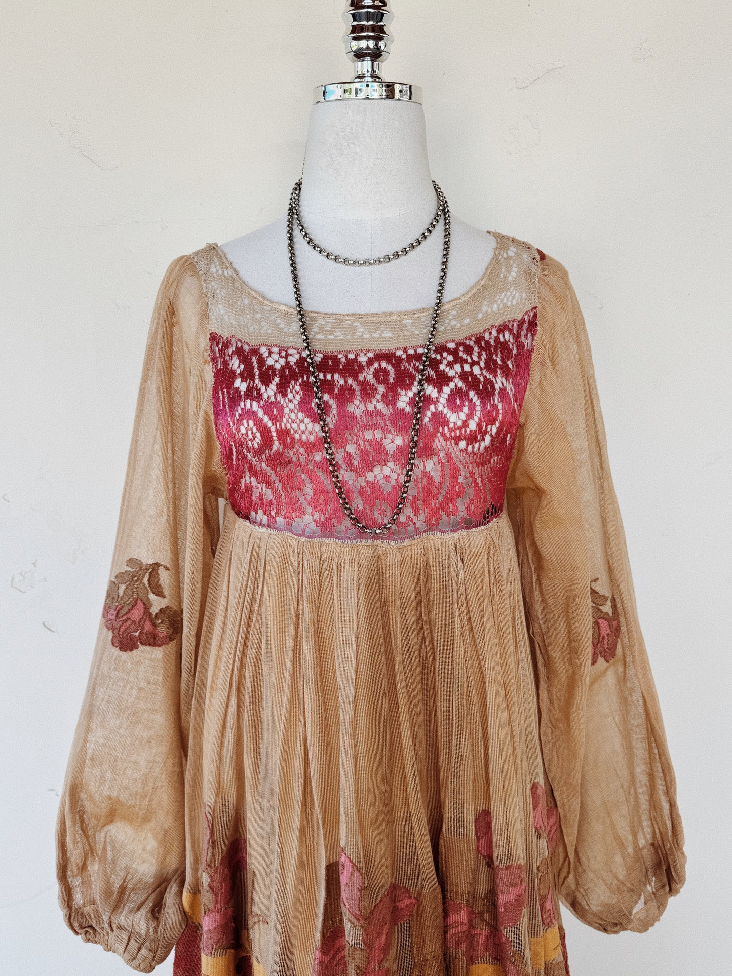 1970s Rare Catherine Buckley Lace + Iris Net Peasant Dress- XS-S