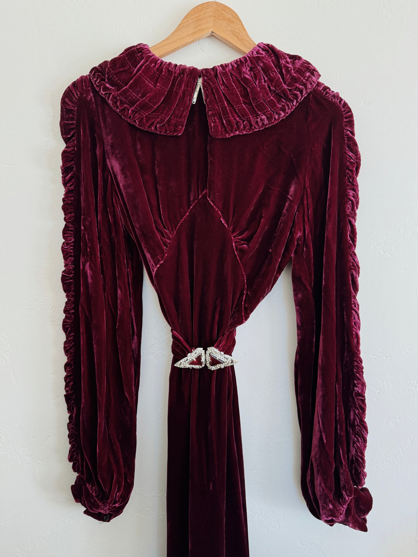 1930s Mulberry Ruched Silk Velvet Gown w/ Balloon Sleeves- S/M