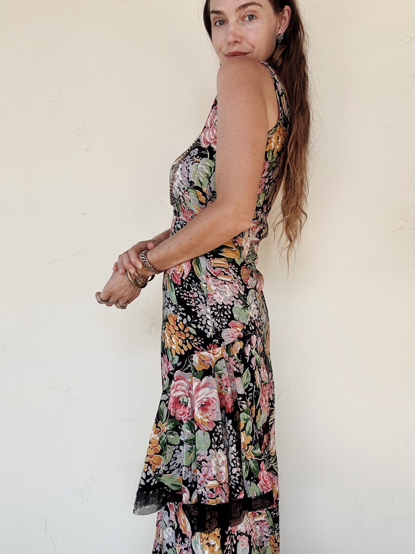 1930s Black Multicolor Floral Silk Gown w/ Mesh Trim- S/M