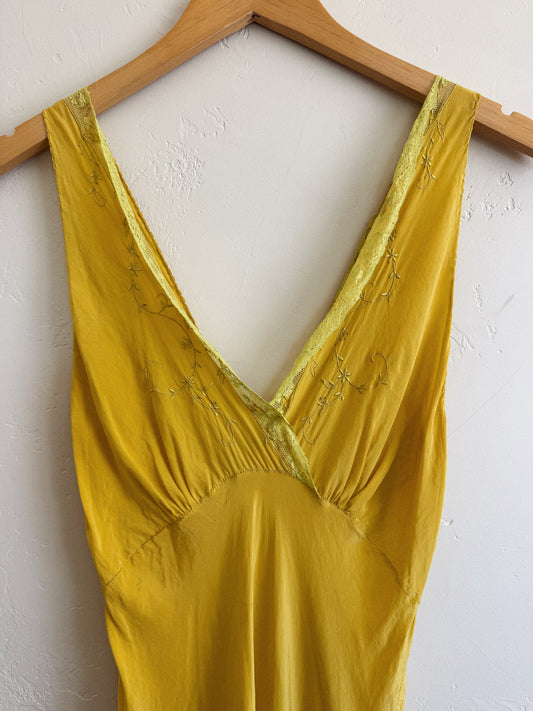 1930s/40s Marigold Silk Embroidered Slip Dress- S