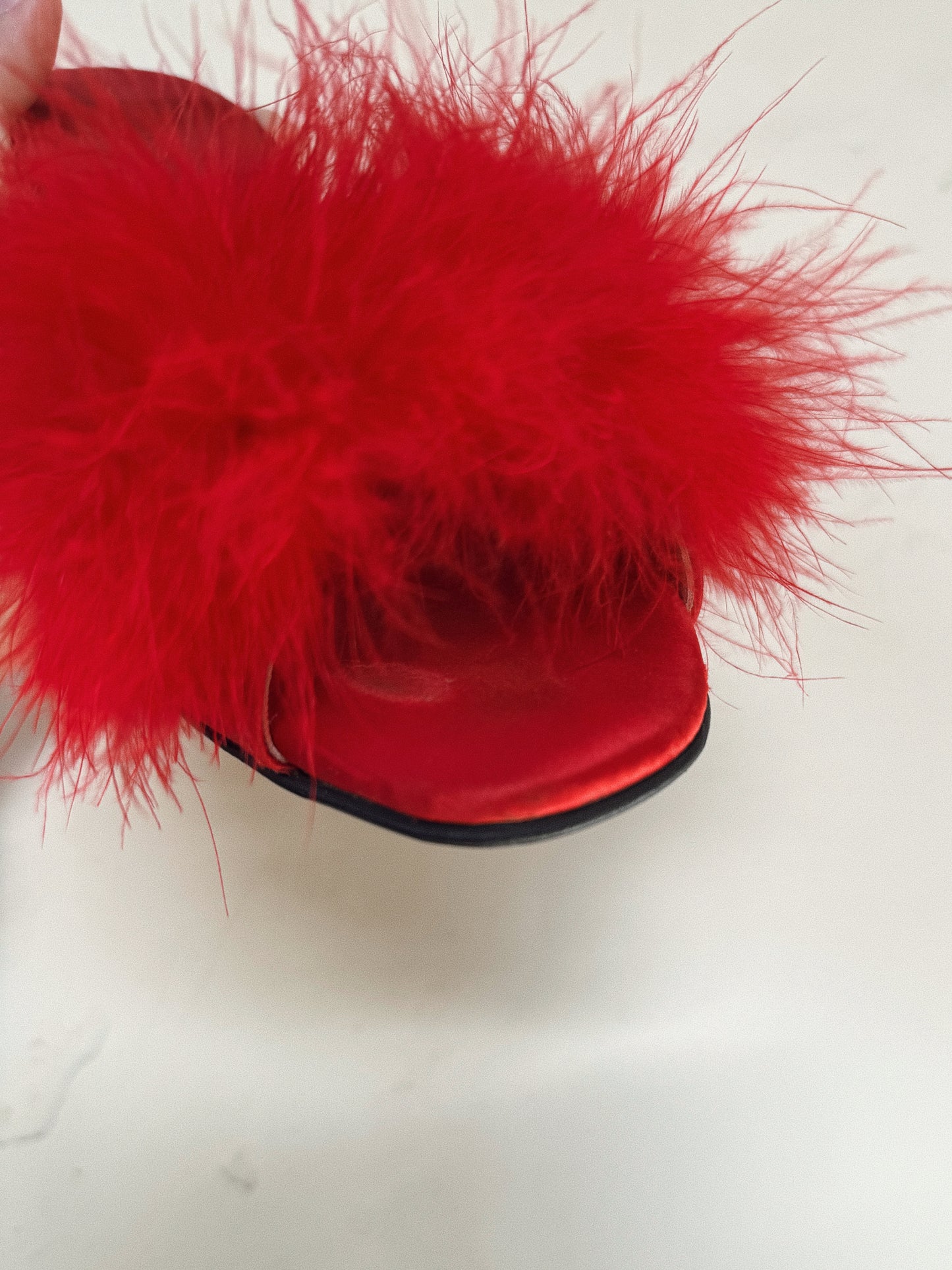 1950s Fire Red Marabou Feather Boudoir Satin Heels- 8