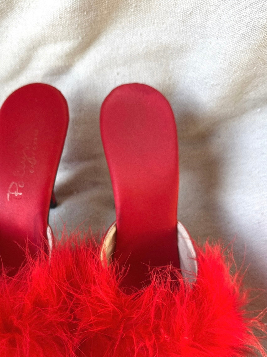 1950s Fire Red Marabou Feather Boudoir Satin Heels- 8