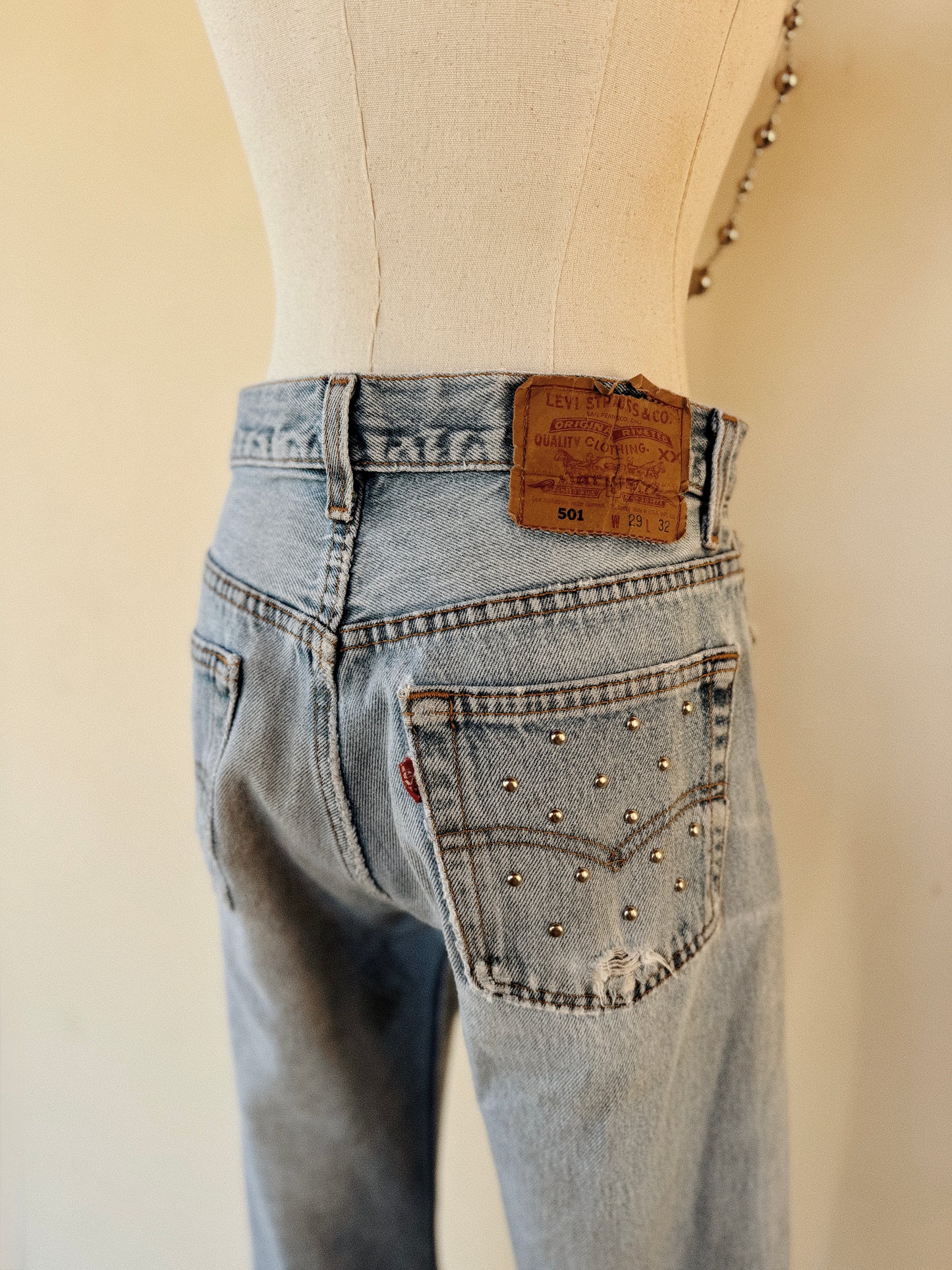 1990s Distressed + Custom Studded Levi’s 501s- S-S/M
