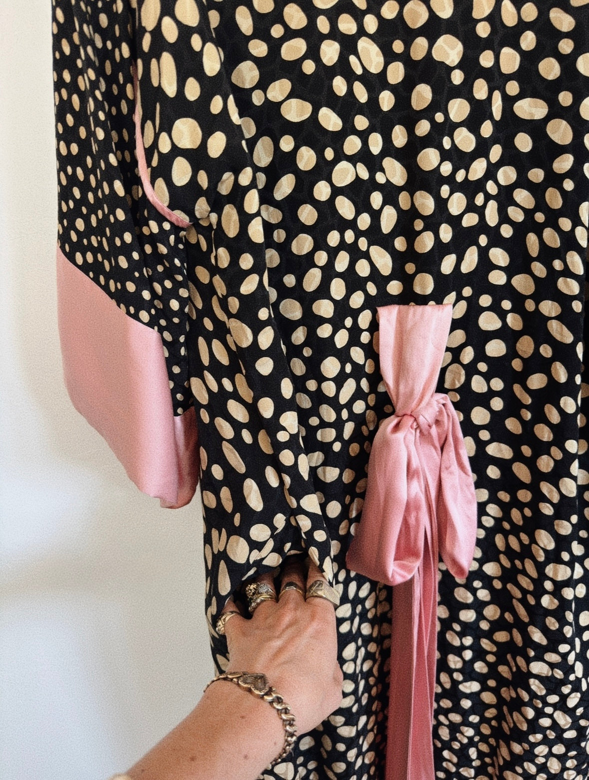 1970s/80s Guy Laroche Polka Dot Silk Duster Robe w/ Pink Charmeuse Trim