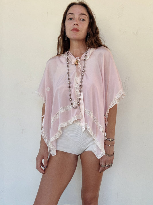 Edwardian Pink Silk + Lace Tabard Bed Jacket- S-L