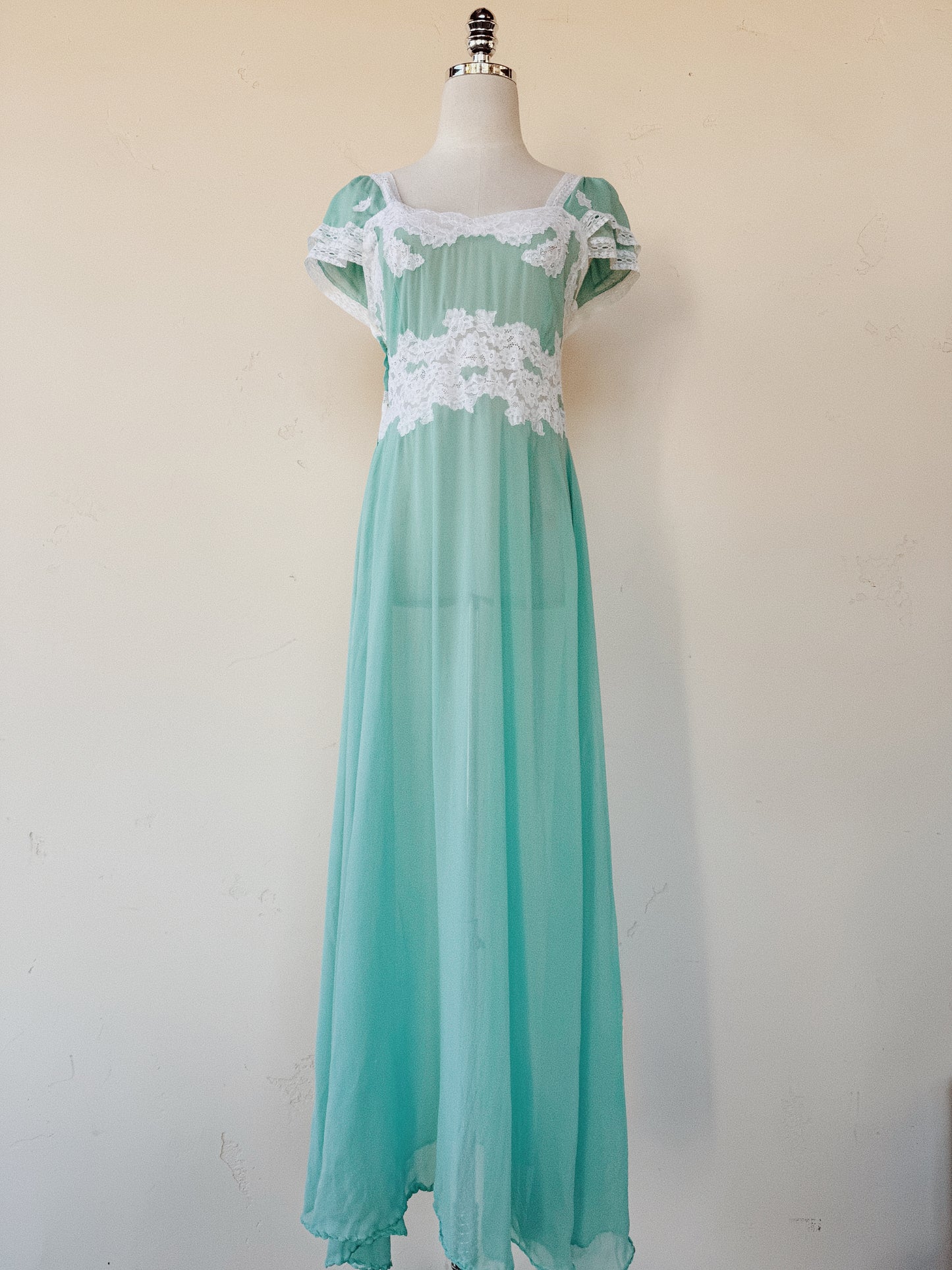 1930s Aquamarine Silk Chiffon + Lace Slip Dress- S-S/M
