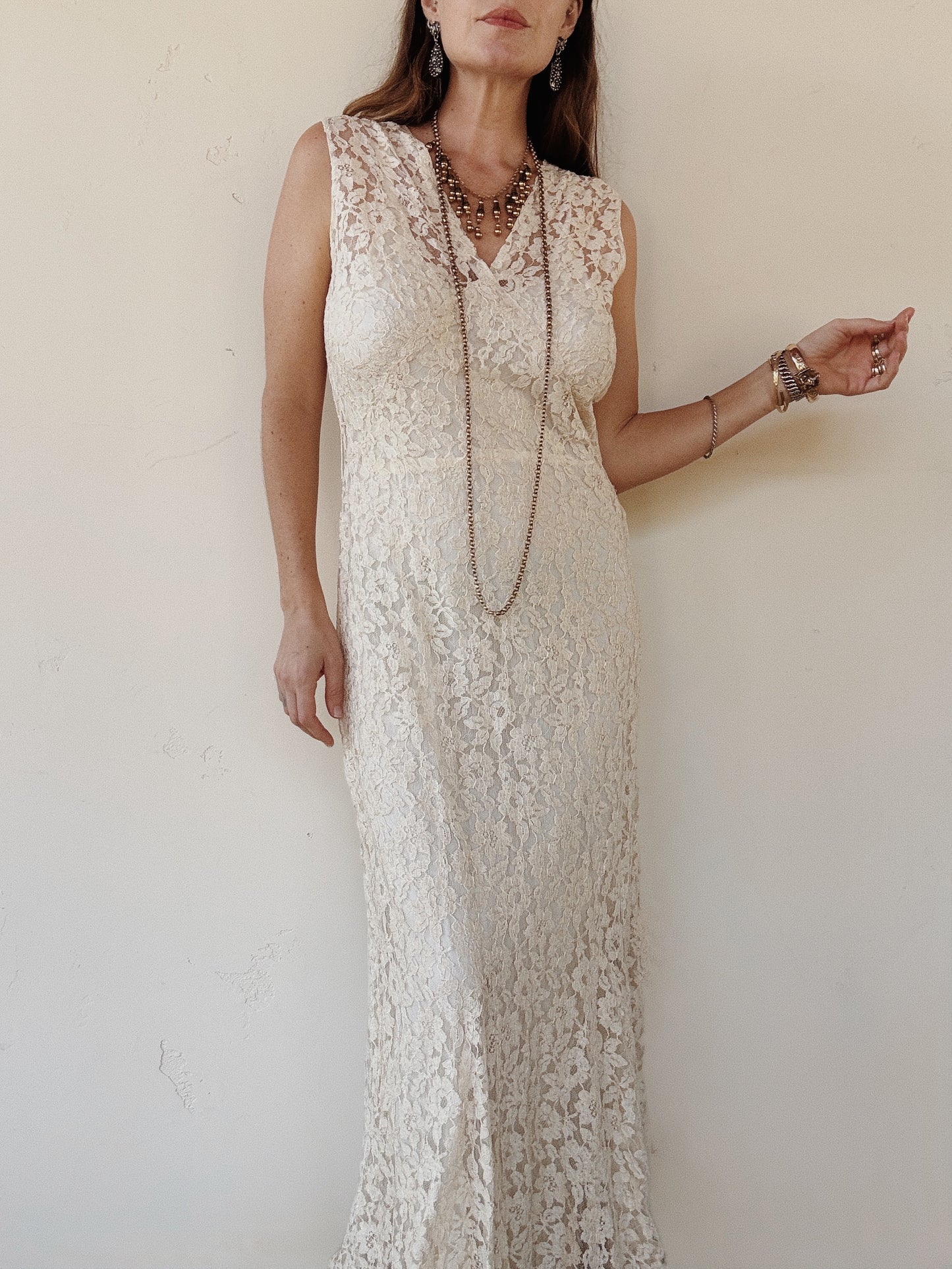1930s Ivory Lace Gown w/ Rayon Under Slip- M