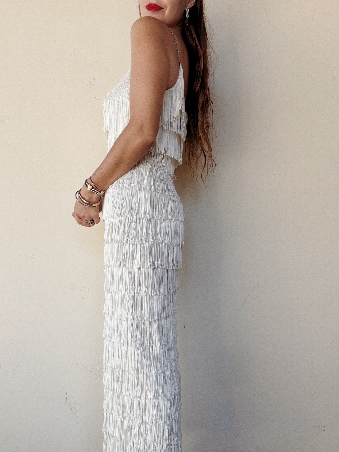 1950s White Tiered Fringe Hourglass Evening Gown- S