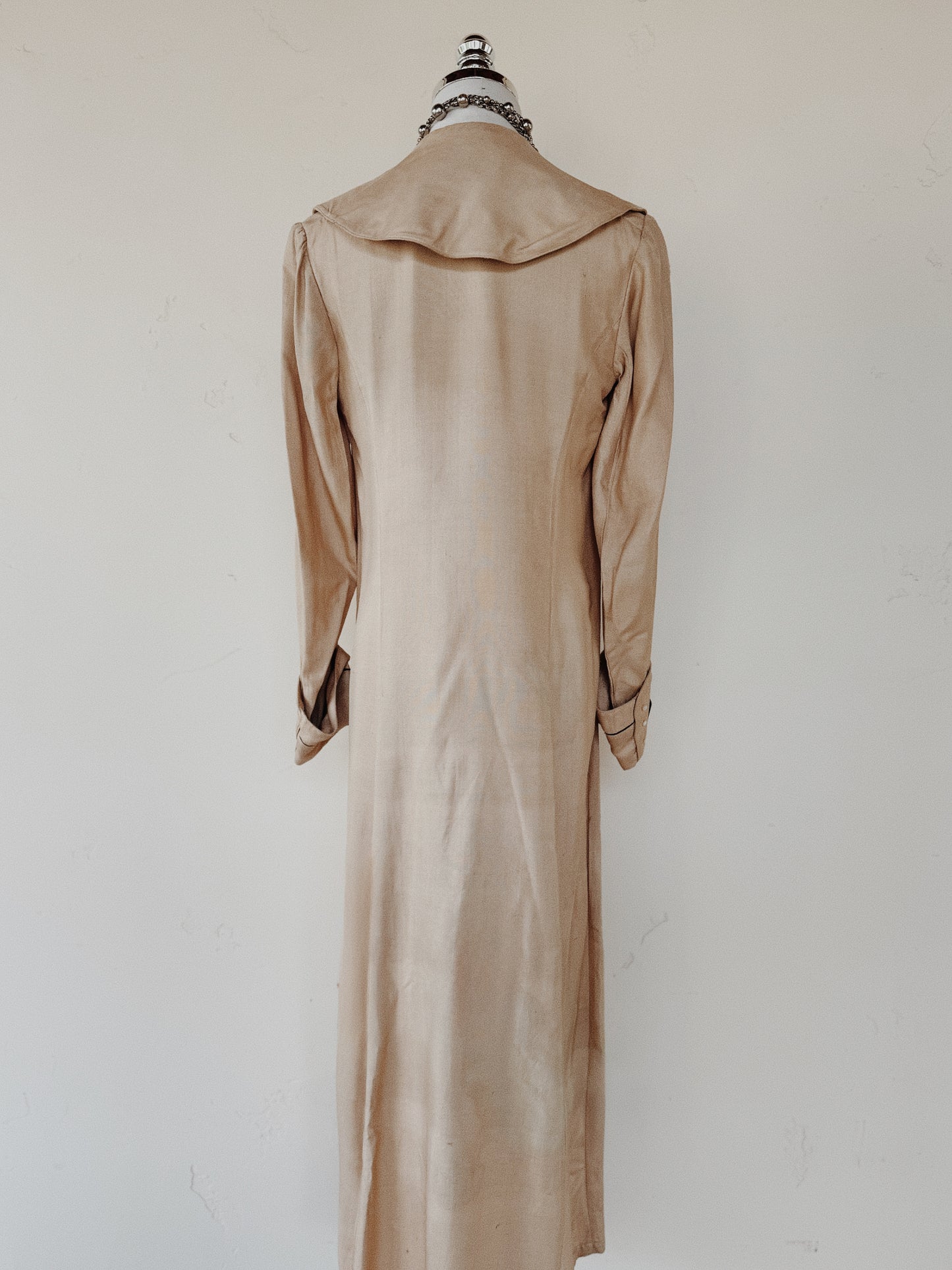 1910s Edwardian Silk Moto Duster w/ Black Cord Trim + Mother of Pearl Buttons- S/M