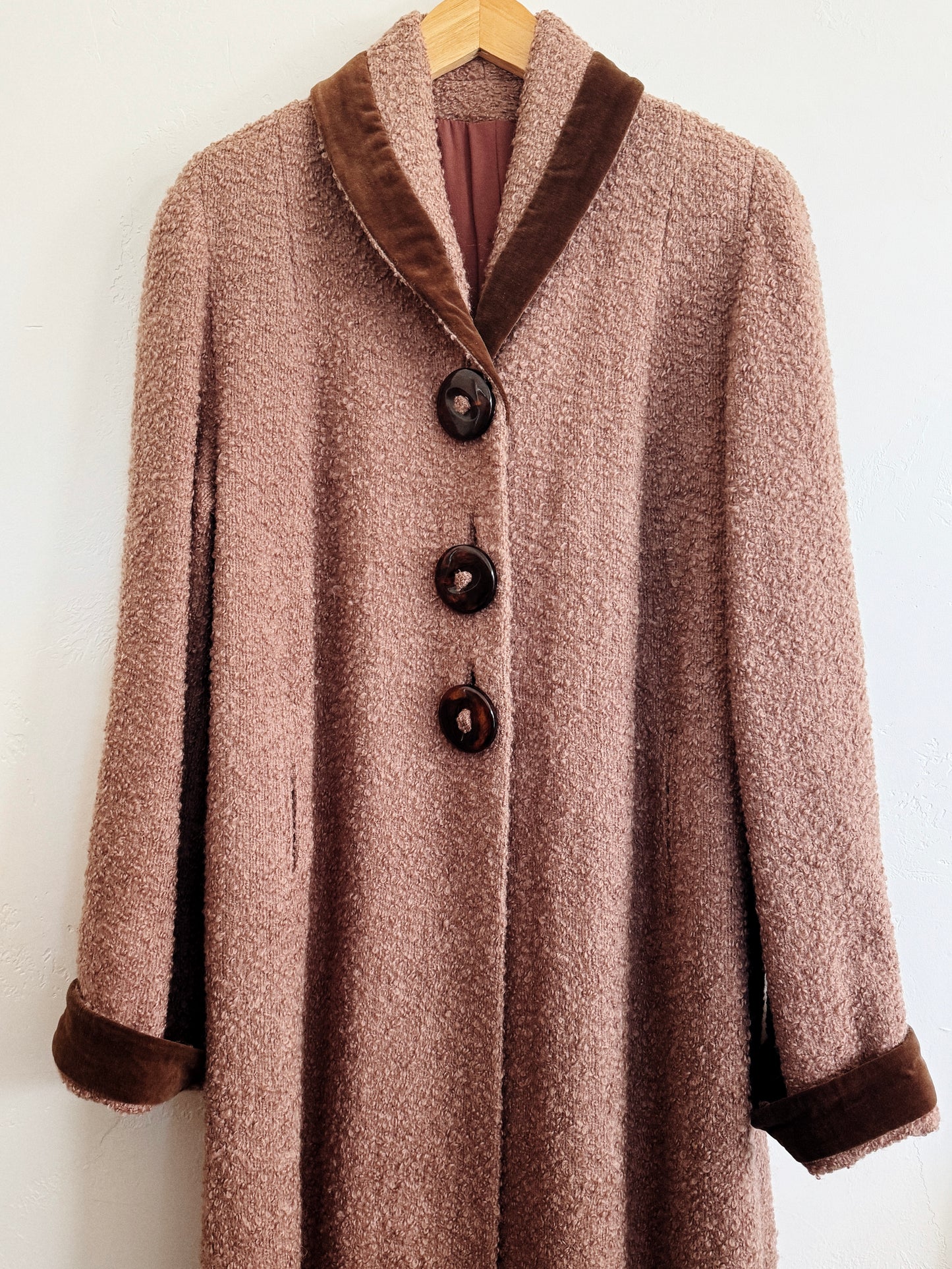 1940s/50s Mocha Bouclé Knit Coat w/ Oversized Buttons- S/M-M